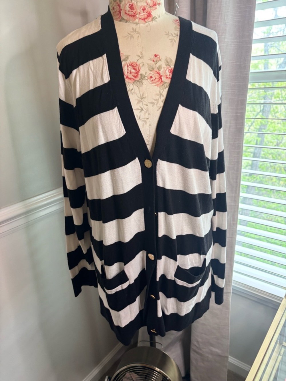 Black and White Striped Button Cardigan
